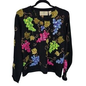 Vintage Design Options Grape Zip Up Cardigan Size Medium Embroidered Knit Sequin